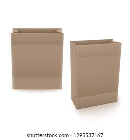 Set of Realistic, brown papers bags in different angles, isolated on white background, shopping paper bag template for your projects, vector illustration