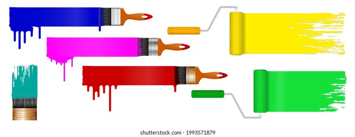 un conjunto de pinturas realistas de pincel, o pintura, con efecto de pincel realista en varios colores de pintura o rodillos de pintura, el concepto de rayas gruesas. vector de pasos