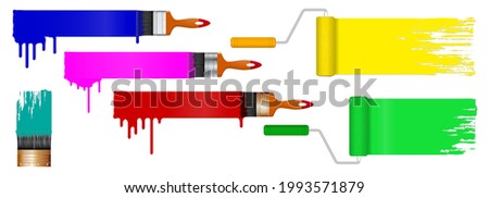 set of realistic brush paint, or paint can with brush effect realistic in various color painting or paint rollers grunge stripes concept. eps vector
