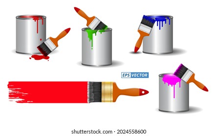 set of realistic brush paint isolated, or paint can with brush effect realistic in various color painting concept. eps vector