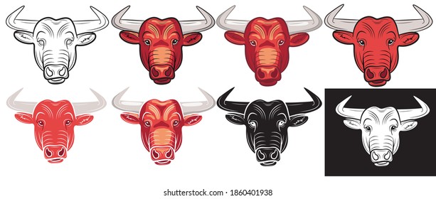 Set of Realistic Bull Heads. Buffalo logo isolated on white background. Vector illustration.