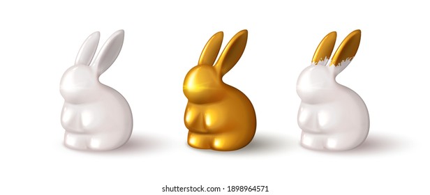 Conjunto de conejillos realistas sobre fondo blanco. Porcelana realista y conejos de oro. Ilustración vectorial con conejos decorativos 3d para el diseño de Pascua.