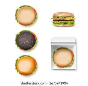 Set Of Realistic Burger Top And Side View Isolated. Fast Food Hamburger Mockup. White Container With Black Delicious Burger. Vector