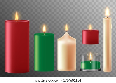 Set of realistic burning candles of different color with flame, vector illustration