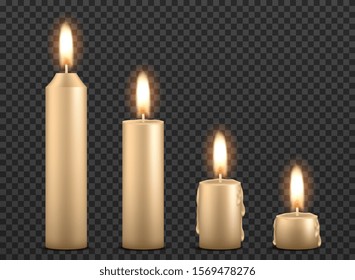 Set of realistic burning candles isolated on a transparent background.