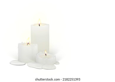 Set of realistic burning candles on a white background. 3d candles with melting wax, flame and halo of light. Vector illustration with mesh gradients. EPS10.