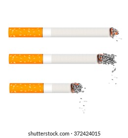 Set of realistic burning cigarette on  white background