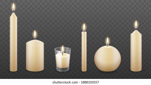 Set of realistic burning festive candles of different shapes and sizes. Realistic candles with fire and flame shining candles on transparent background. Vector illustration