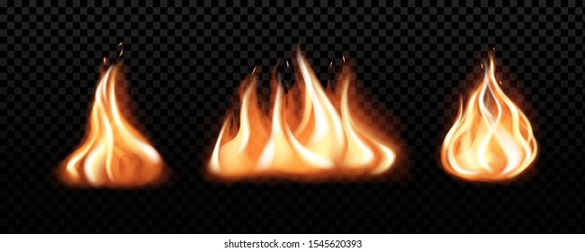 Set of realistic burning fire flames, vector effect for design. Transparent  black background.