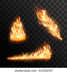 Set of realistic burning fire flames vector effect for design. Trail of fire vector effect.