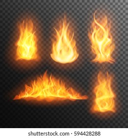 Set of realistic burning fire flames, vector effect for design. Transparent background.