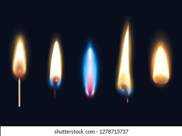 Set of realistic burning flames of matches candles and lighter isolated on black background vector illustration