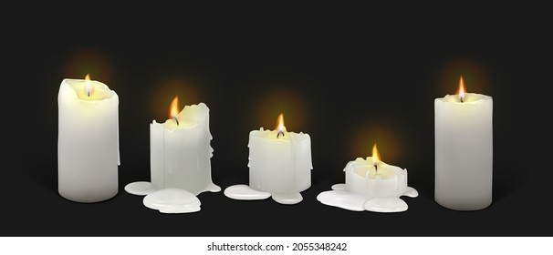 Set realistic burning white candles black background  3d candles and melting wax  flame   halo light  Vector illustration and mesh gradients  EPS10 