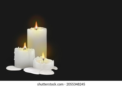 Set of realistic burning white candles on a black background. 3d candles with melting wax, flame and halo of light. Vector illustration with mesh gradients. EPS10.