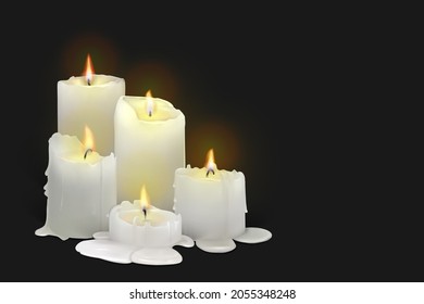 Set of realistic burning white candles on a black background. 3d candles with melting wax, flame and halo of light. Vector illustration with mesh gradients. EPS10.