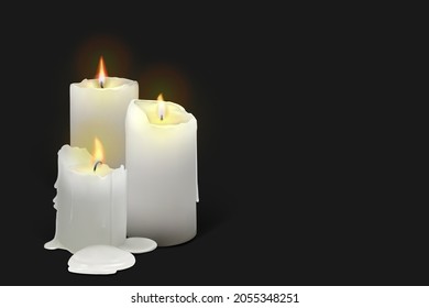 Set of realistic burning white candles on a black background. 3d candles with melting wax, flame and halo of light. Vector illustration with mesh gradients. EPS10.