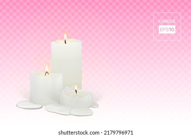 Set of realistic burning white candles on a transparent background. 3d candles with melting wax, flame and halo of light. Vector illustration with mesh gradients. EPS10.