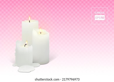 Set of realistic burning white candles on a transparent background. 3d candles with melting wax, flame and halo of light. Vector illustration with mesh gradients. EPS10.
