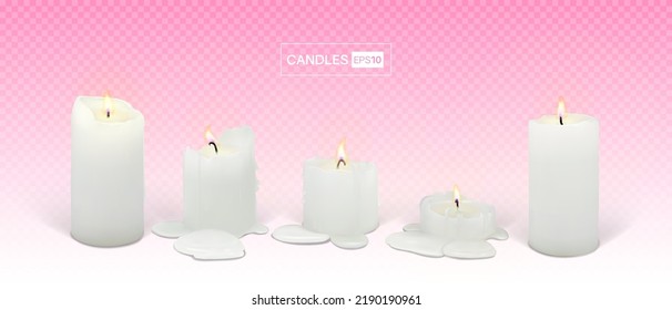 Conjunto de velas blancas ardientes y realistas sobre un fondo transparente. velas 3d con cera derritiéndose, llama y halo de luz. Ilustración vectorial con gradientes de malla. EPS10.