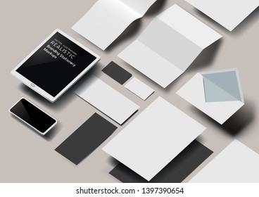 A set of realistic business stationery and tools mockup template with 3D effect. Vector illustration.