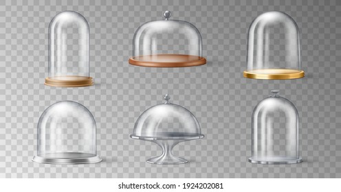 Set of realistic cake stand with glass domes cover on transparent background in 3d design. Kitchenware for desserts and pastry display. Vector illustration svg