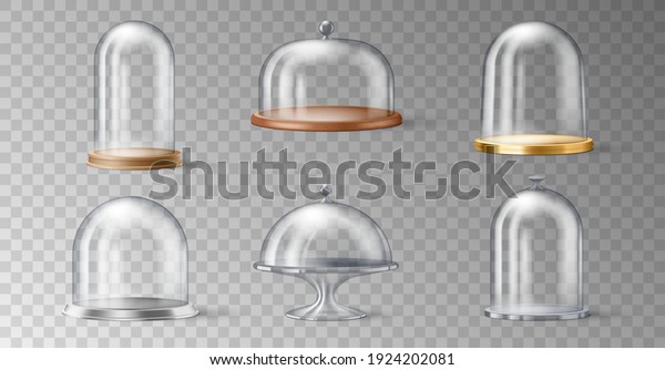 Set of realistic cake stand\
with glass domes cover on transparent background in 3d design.\
Kitchenware for desserts and pastry display. Vector\
illustration