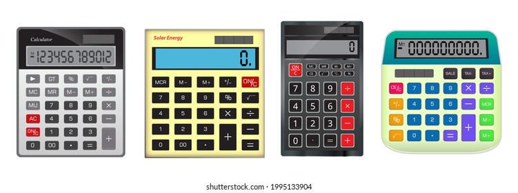 set of realistic calculator business accounting isolated or calculator for finance work tool or realistic calculation technology office equipment concept. eps vector