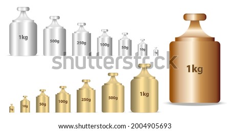 set of realistic calibration weights isolated or calibrating weight in golden and silver style or mass measurement tools in kilograms and grams scale. eps vector