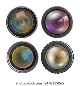 Set of Realistic camera lens with reflections collection isolated on white background, Camera photo lens, Vector 3d professional photo video equipment macro device. Optical digital focus, zoom symbol.