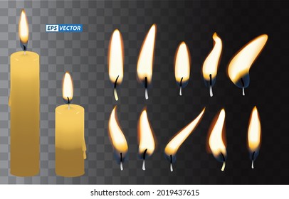 conjunto de velas realistas con fuego o quemaduras de velas encendidas en la noche o en la ceremonia de decoración de llamas de velas. vector de pasos
