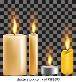 Set of realistic candles with fire on a transparent background. 3d vector illustration.