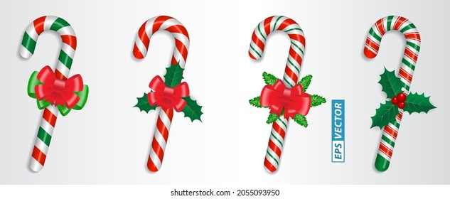 set of realistic candy cane christmas isolated or crossed sweet candy tied with a bow or sweet traditional gift christmas holiday. eps vector