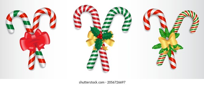 set of realistic candy cane christmas isolated or crossed sweet candy tied with a bow or sweet traditional gift christmas holiday. eps vector