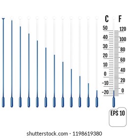 Set Of Realistic Capillary Tube With Fluid, Bulb And Overload Chamber. Parts Of Liquid Thermometers. Scale Of Measuring Temperature In Celsius And Fahrenheit. Winter And Cold Concept.  Vector
