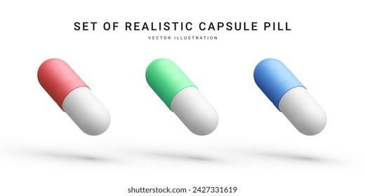 Set of realistic capsules pills isolated on white background. Medical pills icon for hospital, pharmaceutical company or pharmacies. Vector Illustrations