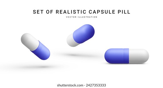 Set of realistic capsules pills isolated on white background. Medical pills icon for hospital, pharmaceutical company or pharmacies. Vector Illustrations