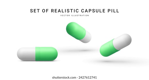 Set of realistic capsules pills isolated on white background. Medical pills icon for hospital, pharmaceutical company or pharmacies. Vector Illustrations