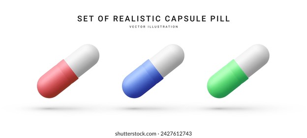 Set of realistic capsules pills isolated on white background. Medical pills icon for hospital, pharmaceutical company or pharmacies. Vector Illustrations
