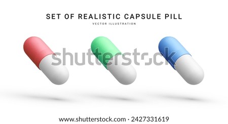 Set of realistic capsules pills isolated on white background. Medical pills icon for hospital, pharmaceutical company or pharmacies. Vector Illustrations