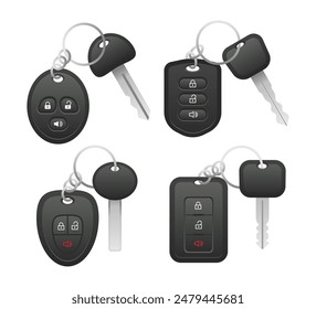 Set of realistic car key collection, modern automobile key and alarm system set, wireless car key fob isolated on white background. Remote car key for EV vehicle. Vector illustration.