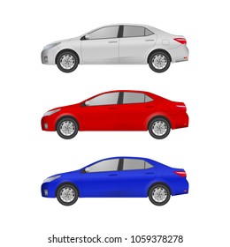 Set of realistic car, Realistic model. The ability to easily change the color. vector car illustration. Side view. White, red, blue body color. Auto service. Wash. Repair car station.