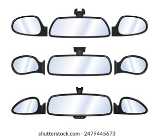 Set of realistic car side mirror collection, wing mirror car view from inside illustration, Car rearview mirror driver glass inside. Vector rear view mirror inside car illustration safety