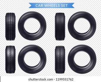 Set of realistic car tires with various tread profile and front view transparent background isolated vector illustration  