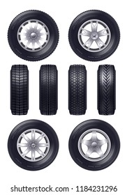 Set of realistic car wheels with various design of rim profile and front view isolated vector illustration