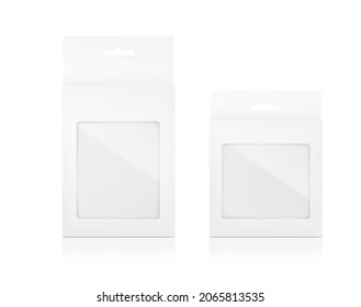 Set of realistic cardboard box with plastic window mockups. Front and perspective view. Vector illustration isolated on white background. Can be use for food, medicine, cosmetic and other. EPS10.	