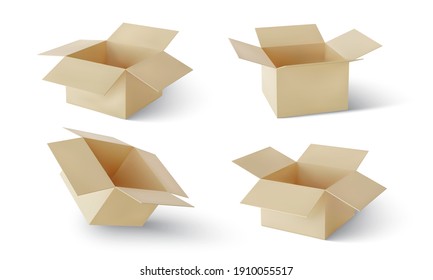 Set of realistic cardboard brown delivery boxes with shadow isolated on white background. Vector illustration