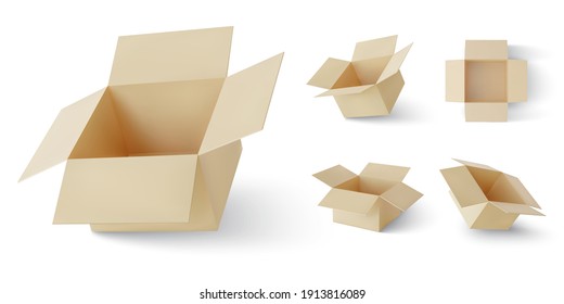 Set of realistic cardboard brown delivery boxes with shadow or postal parcel packaging isolated on white background. Vector illustration