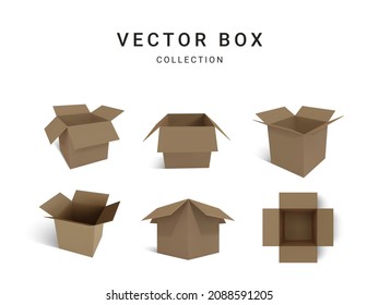 Set of realistic cardboard brown delivery boxes with shadow isolated on white background. Vector illustration