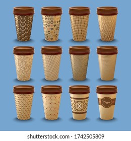 Set of realistic cardboard coffee drinking cups with lids template