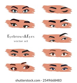 Set of realistic and cartoon female eyes and eyebrows in different close-up poses on an isolated background. Vector.
